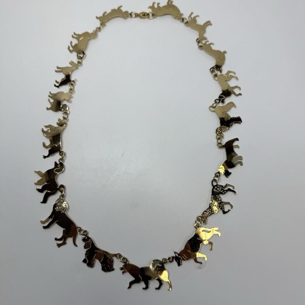 Vintage Wild Bryde Gold Tone Cut Out Metal Multiple Mixed Breed Dog Necklace 21”